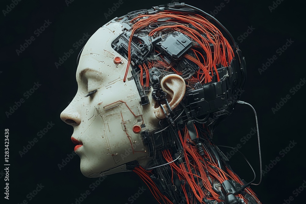 Poster woman's head is made of wires and has red wires on it. the wires are connected to a computer, and th
