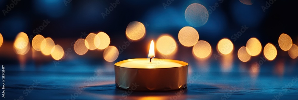 Aufkleber candle casting warm glow amidst soft bokeh lights during evening ambiance in tranquil setting. gener