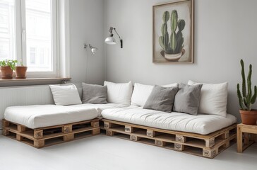 Bright Living Room Featuring a Pallet Sectional Sofa and Cactus Art Piece