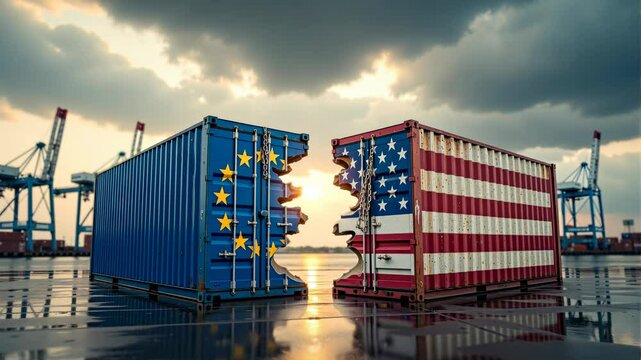 Usa and european union trade war, broken shipping containers symbolizing trade barriers