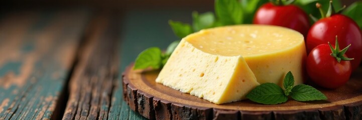 Creamy brie cheese on a rustic wooden platter , wheel, cheese
