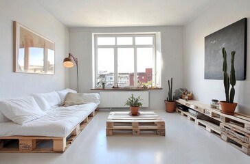 Fototapeta premium Bright White Living Room with Recycled Pallet Furniture Potted Plants and Natural Light