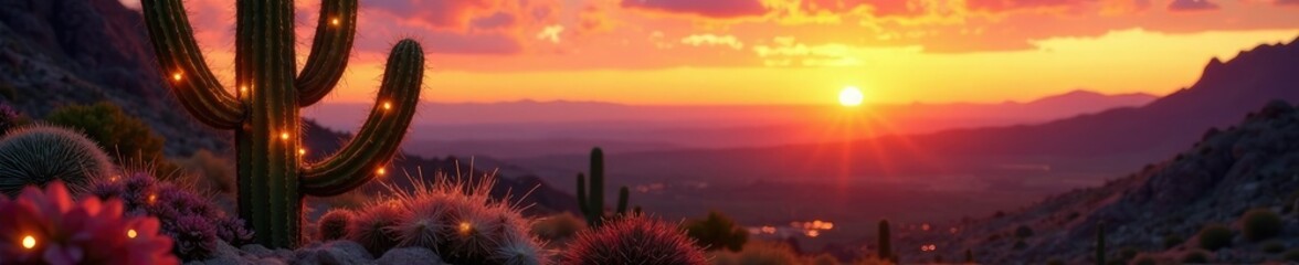 Fototapeta premium Desert cactus adorned with twinkling lights against a warm sunset sky, ornaments, cactus, flowers