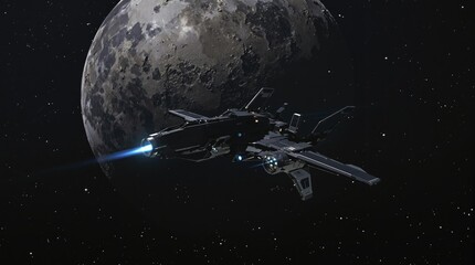 A spaceship approaching a distant moon in the vastness of space, celestial navigation, interstellar, galaxies, moon, astronomy