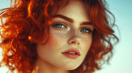 Fototapeta premium Woman with red hair and blue eyes. She has a red headband. She is smiling