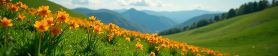 Obraz premium Fritillaria imperialis flowers blooming on a hillside, green meadow, orange yellow petals, imperial flowers