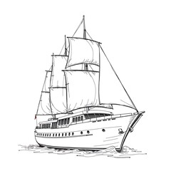 Elegant Black and White Hand-Drawn Line Art Sketch of a Majestic Yacht Sailing on Open Waters