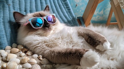 Relaxing feline enjoys a sunny day wearing stylish sunglasses by the seaside
