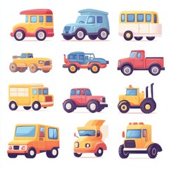Collection of Pixel Art Transportation Vehicles in Retro Style on White Background