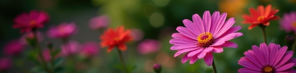 Obraz premium Pink aster in a garden among other colorful blooms, purple, gardens