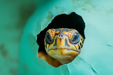 Curiosity of a turtle peeking through an opening in a vibrant, weathered shell