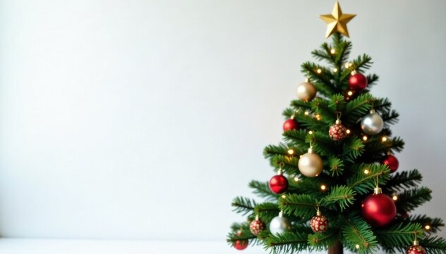 Evergreen Christmas tree with ornaments and lights against a white background , snowy background, holiday season