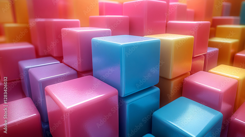 Poster panoramic background with floating isometric cubes in soft pastel colors. modern design creates a st