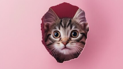Curious kitten peers through torn paper, revealing its adorable expression against a pink backdrop