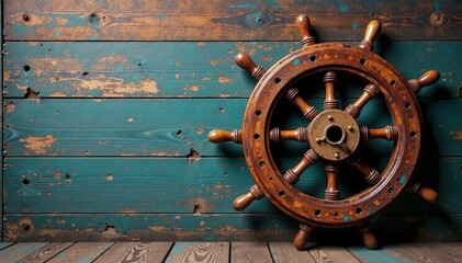 Fototapeta premium Distressed wooden ship wheel with rope and anchor , wood, rope, wheel