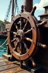 Obraz premium Distressed wooden ship wheel with ropes and pulleys, rope, nautical, wooden