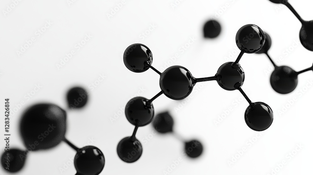 Poster close up of a bunch of black spheres that are connected to each other. the spheres are all different