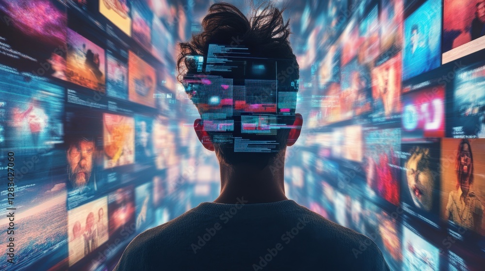 Poster a user scrolling through a feed filled with different posts, including memes, news updates, and adve