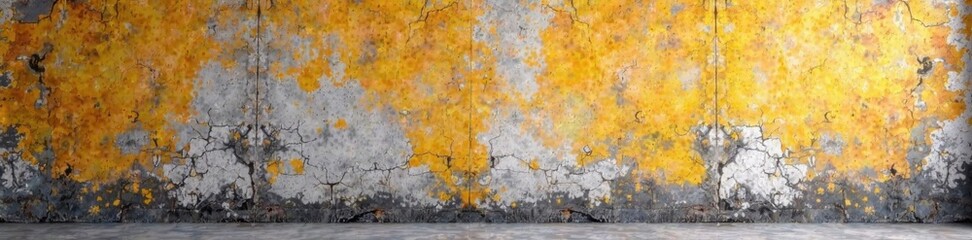 Distressed, worn concrete wall with cracks and peeling paint, cityscape, weathered, urban decay