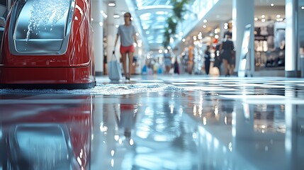 A department store floor covered in soapy water from a cleaning machine, a distracted shopper slipping mid-step, slow-motion effect, shoppers gasping in the background, hyper-realistic reflections,
