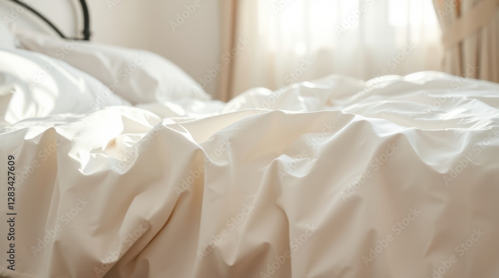 Poster sunlit bedding on a comfortable bed with soft sheets and pillows creates an inviting scene.