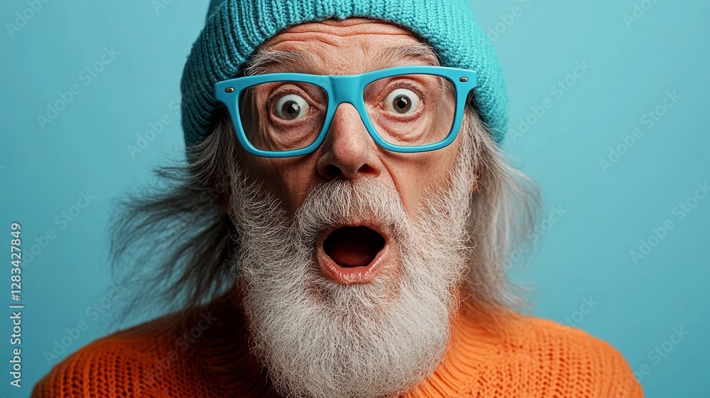 Poster man with a blue hat and glasses is looking surprised. he has a beard and a beard is visible in the i