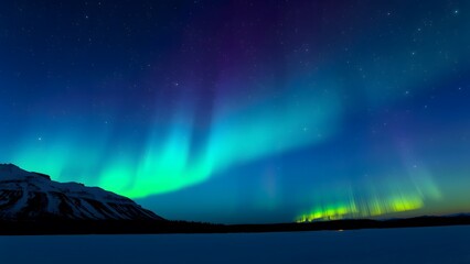 The image captures the mesmerizing aurora borealis with vibrant green, blue, and purple hues lighting up the night sky over a winter landscape.  