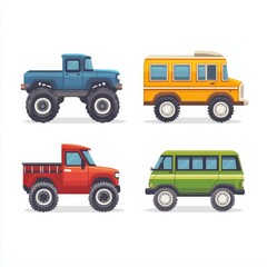 Fototapeta premium Four Pixel Art Vehicles Including a Blue Monster Truck on a White Background