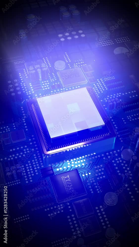 Poster computer processor and light rays - 3d 4k vertical animation (2160x3840 px)