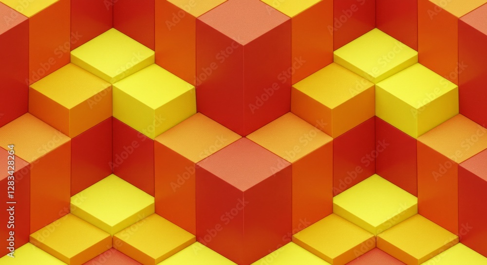 Poster abstract 3d geometric pattern: vibrant yellow and red cubes in a repeating design