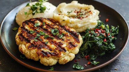 A vegan cauliflower steak, grilled to perfection, served with a side of mashed potatoes and saued spinach for a satisfying dinner.