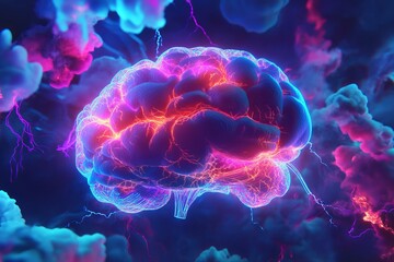 Obraz premium Abstract Brain Glowing Neon Pink Blue Energy Powerful Mind Psychedelic Digital Art Neural Network Intricate Design Vivid Colors Creative Artwork 