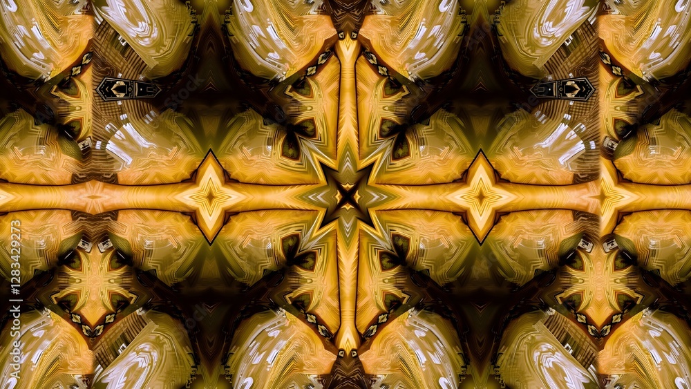 Aufkleber an abstract and symmetrical kaleidoscope pattern in yellow and brown hues, featuring intricate geome