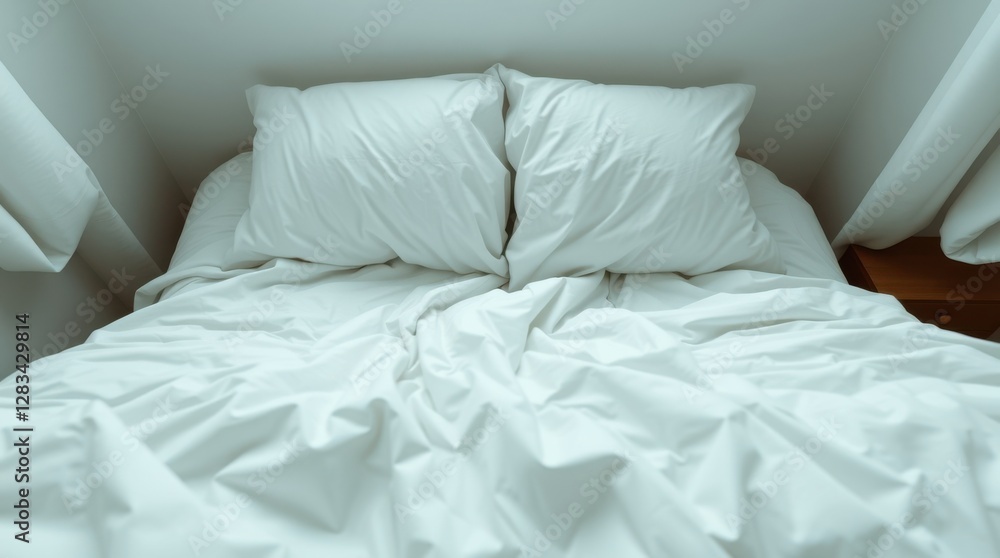 Poster an inviting, unmade bed with two pillows and white linens in a softly lit room suggests rest and com