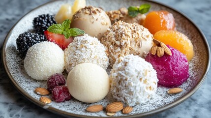 A vegan dessert platter featuring coconut macaroons, fruit sorbet, and almond cookies, offering a sweet treat for those following a plant-based diet.