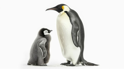 Obraz premium A realistic adult emperor penguin standing next to a baby emperor penguin, isolated on a white background.