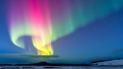 Naklejka premium The image captures the stunning aurora borealis with vibrant green, pink, and blue hues dancing across the night sky over a snowy, serene landscape. 