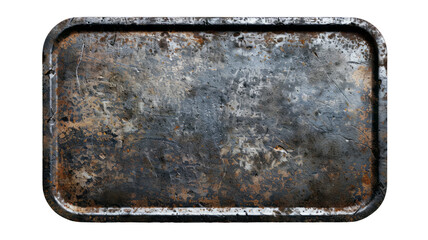 A rectangular metal plate with rounded corners, dirty and aged, viewed from the top on a transparent background.