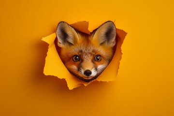 Fox peeks through vibrant orange torn paper creating a playful and whimsical art piece