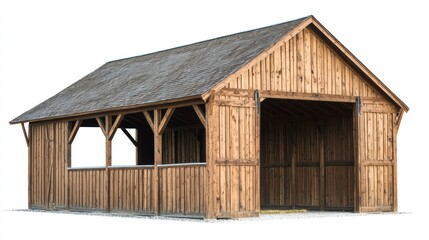 Rustic Wooden Shelter: A weathered, rustic wooden shelter with double doors, a classic gable roof, and a side porch stands tall and proud, exuding a sense of country charm and simplicity.  