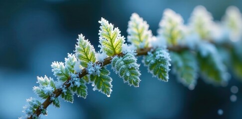 Fototapeta premium Frozen fern frond covered in intricate ice crystals, leaves, , winter