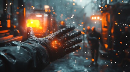 A factory worker clutching their injured hand after an accident with industrial machinery, emergency sirens flashing, coworkers rushing to help, sparks flying from malfunctioning equipment,