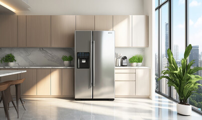Spacious stainless steel refrigerator in a modern kitchen, blending sleek functionality with minimalist design for the ultimate kitchen experience