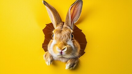 Obraz premium Curious rabbit peeks through a vibrant yellow wall in a whimsical display of charm and playfulness