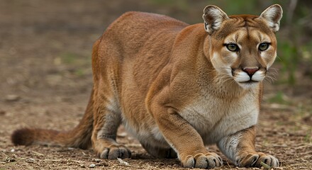 Obraz premium Mountain Lion Crouching in the Wild Observing Prey on Brown Ground