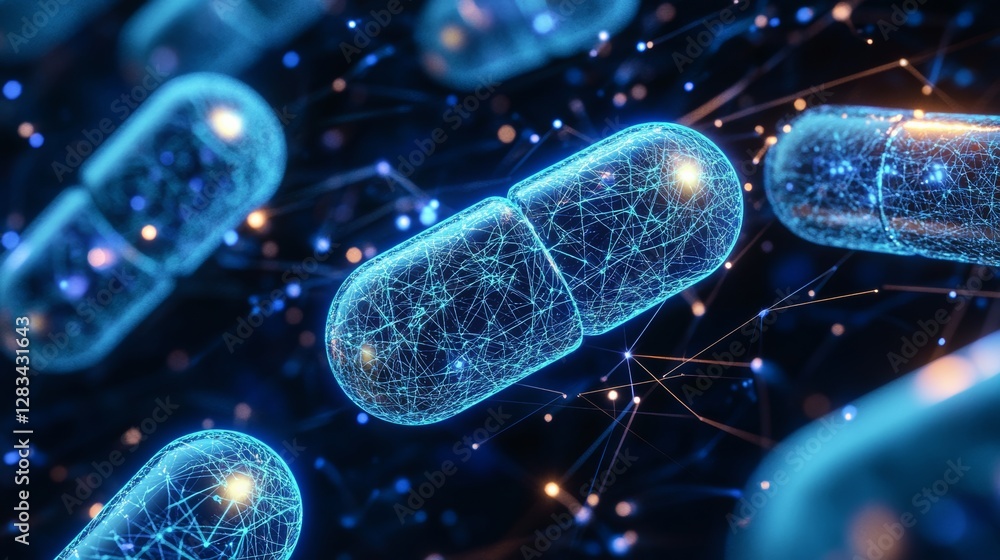 Aufkleber series of blue pills are shown in a pattern of lines and dots. the pills are connected to each other
