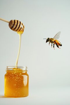 Sweet nectar flows as a bee hovers near the golden honey jar in a serene setting