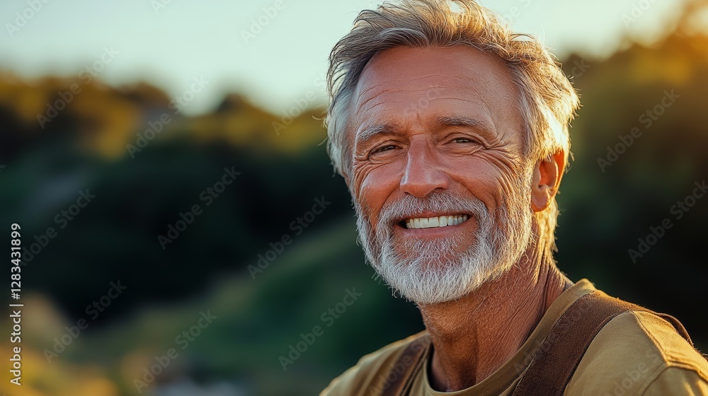 Aufkleber man with a beard and gray hair is smiling and wearing a yellow shirt. he is standing in a field with