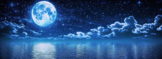 Romantic Moon With Clouds And Starry Sky Over Sparkling Blue Water
