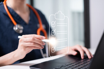 Professional doctor holding checklist clipboard document health care medicals medicine report concept